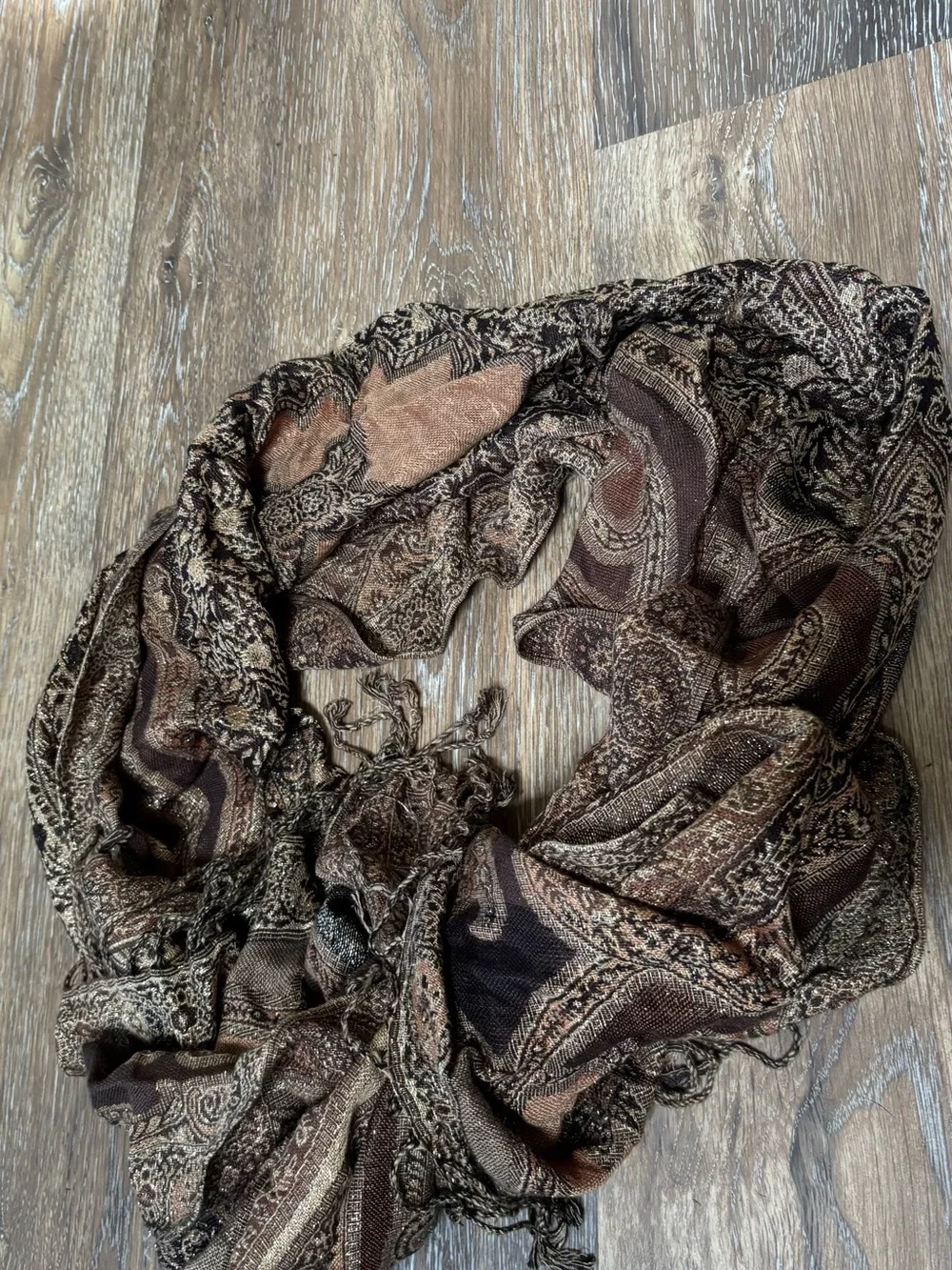 Boho Paisley Rayon Fringe Scarf in Brown & Tan